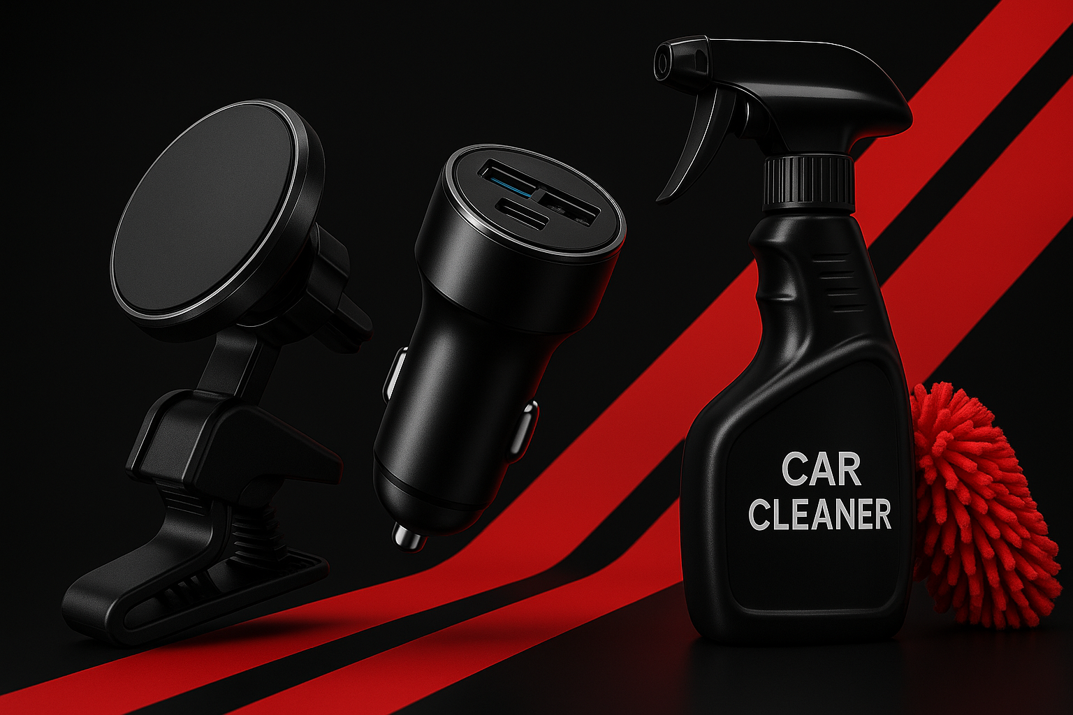 Sleek automotive hero banner with black and red color scheme featuring car accessories like magnetic phone holders and car chargers